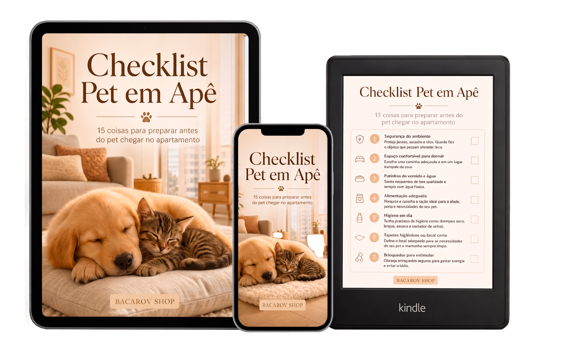 Mockup do ebook Checklist Pet em Apê em celular e tablet